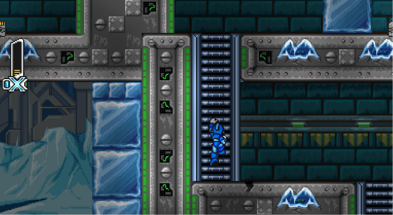 Screenshot de Mega Man X Regenesis com X atravessando plataformas perigosas